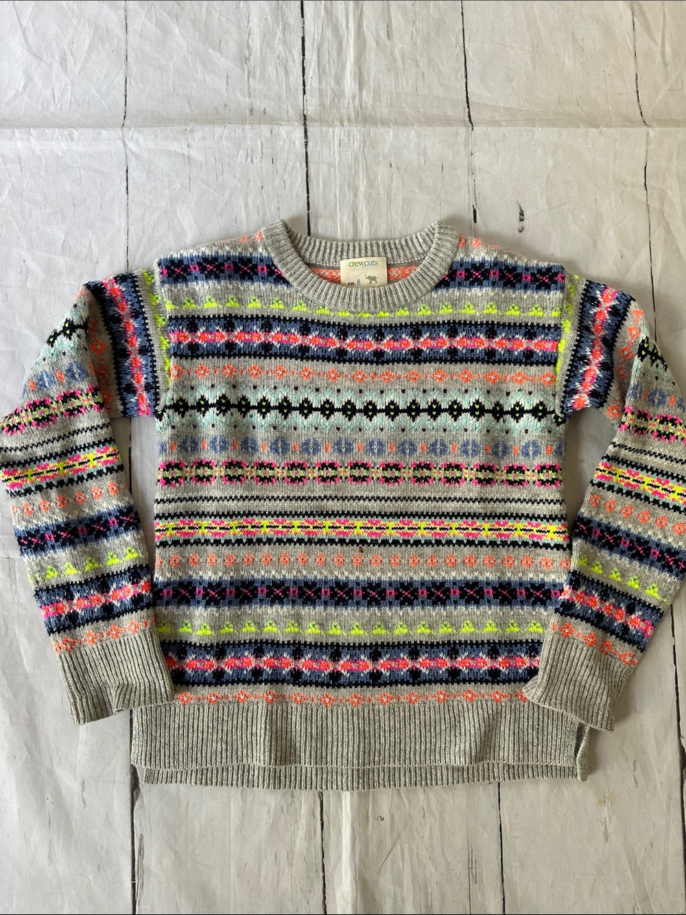 Crewcuts J Crew Gray Fair Isle Crewneck Sweater with Neon Accents girls size 8
